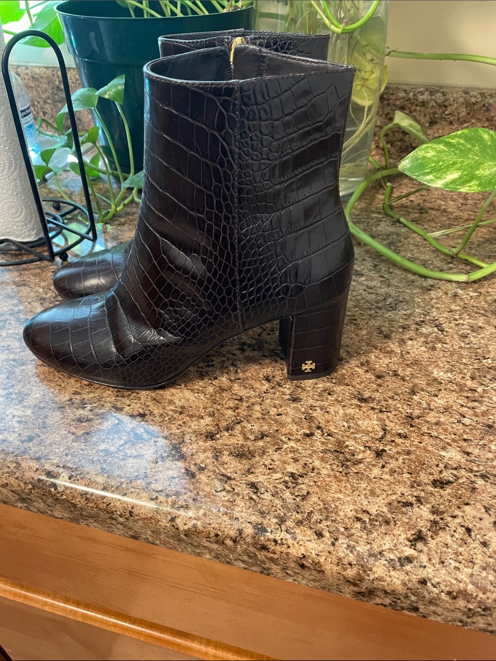 Tory Burch Black Croc-Embossed Block Heel Ankle Boots
